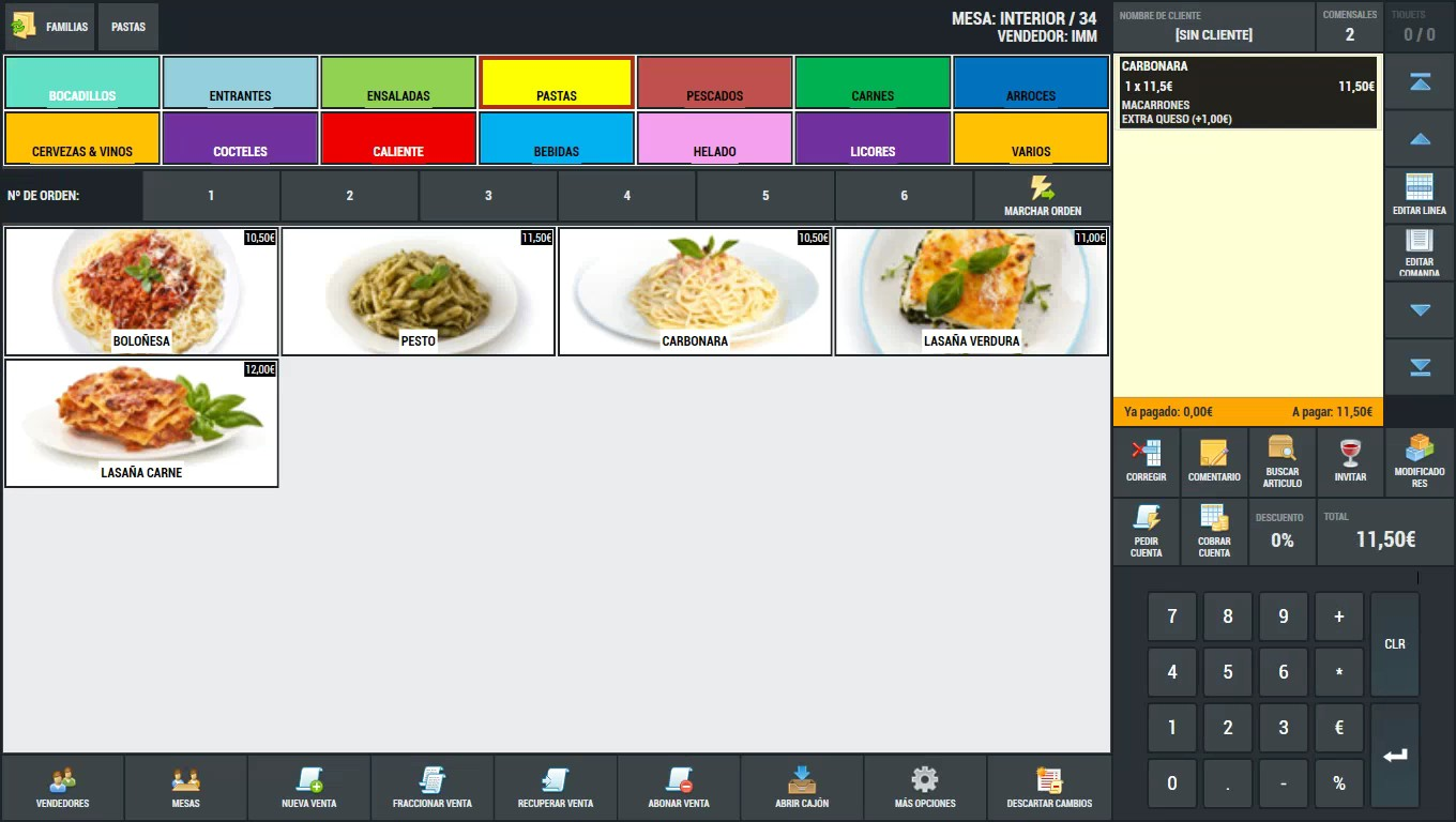 Ejemplo real de pantalla de venta en un TPV de hostelería, con categorías, productos y resumen de cuenta